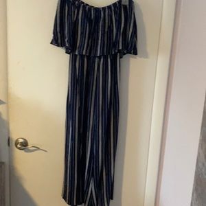 Off shoulder blue strip jumpsuit